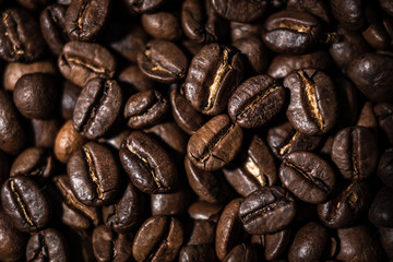 Macro image of coffee beans, small depth of field, selective focus