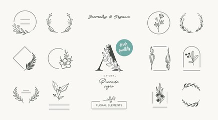 Set of minimalistic elegant geometric floral elements. Premade decorative fashion labels, signs - obrazy, fototapety, plakaty