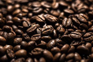 Macro image of coffee beans, small depth of field, selective focus