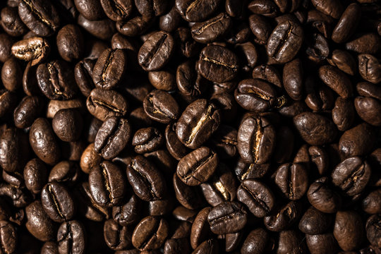 Macro image of coffee beans, small depth of field, selective focus