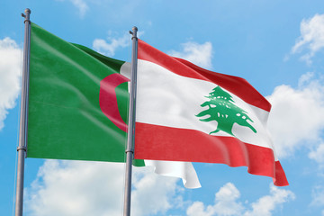 Lebanon and Algeria flags waving in the wind against white cloudy blue sky together. Diplomacy concept, international relations.