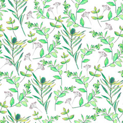 seamless watercolor pattern with grass and leaves on a white background.