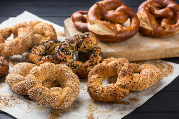 Delicious pretzel with salt, german food. Brezel, traditional bavarian food. Bavarian authentic pretzels for Oktoberfest. German Pretzel called Brezel – very popular Bread in Germany 