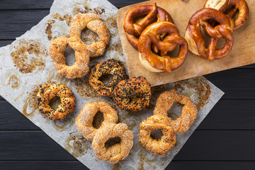 Delicious pretzel with salt, german food. Brezel, traditional bavarian food. Bavarian authentic pretzels for Oktoberfest. German Pretzel called Brezel – very popular Bread in Germany 