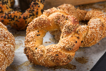 Delicious pretzel with salt, german food. Brezel, traditional bavarian food. Bavarian authentic pretzels for Oktoberfest. German Pretzel called Brezel – very popular Bread in Germany 