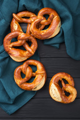 Delicious pretzel with salt, german food. Brezel, traditional bavarian food. Bavarian authentic pretzels for Oktoberfest. German Pretzel called Brezel – very popular Bread in Germany 