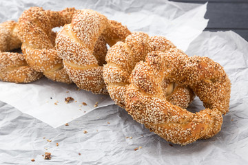 Delicious pretzel with salt, german food. Brezel, traditional bavarian food. Bavarian authentic pretzels for Oktoberfest. German Pretzel called Brezel &ndash; very popular Bread in Germany 