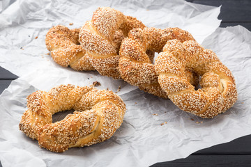 Delicious pretzel with salt, german food. Brezel, traditional bavarian food. Bavarian authentic pretzels for Oktoberfest. German Pretzel called Brezel – very popular Bread in Germany 