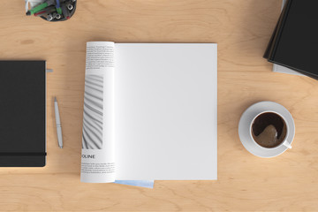 Blank magazine page. Workspace with magazine mock up on the wooden desk with cup of coffee. Directly above view. 3d illustration