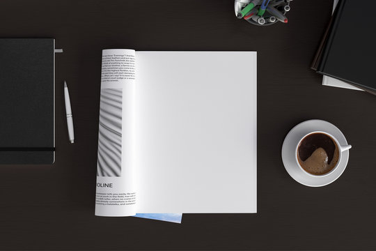 Blank Magazine Page. Workspace With Magazine Mock Up On The Dark Wooden Desk With Cup Of Coffee. Directly Above View. 3d Illustration