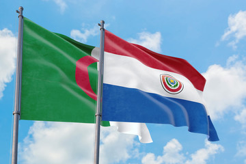 Paraguay and Algeria flags waving in the wind against white cloudy blue sky together. Diplomacy concept, international relations.