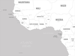 Western Africa map - white lands and grey water. High detailed political map of western african and Bay of Guinea region with country, capital, ocean and sea names labeling