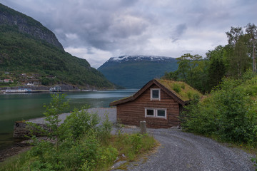 Oldedalen valley - one of the most spectacular areas of natural beauty in Norway. Panorama of town Stryn and river Strynselva. July 2019