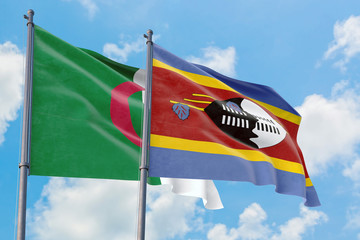 Swaziland and Algeria flags waving in the wind against white cloudy blue sky together. Diplomacy concept, international relations.