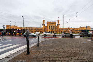 Historic Main Railway Station on Piłsudzki Street in the city of Wroclaw, Lower Silesia. The...