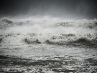 Crashing big sea wave. Gloria storm on the Barcelona coast. The power of the sea.
