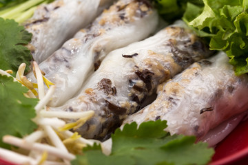 Fresh Vietnamese, Asian, Chinese food. Spring rolls rice paper, lettuce, salad, sweet chili, soy, lemon. Vietnamese spring rolls. Asian and thai food. Traditional national cuisine