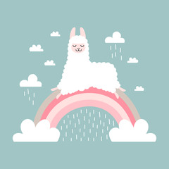 Cute cartoon llama on the rainbow with clouds © color885