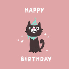 Pet birthday party.Cat in festive cap.Happy Birthday lettering.Lovely kitty.Hand drawn pet.Greeting card.Invitation.Vector flat cartoon illustration isolated on pink background.