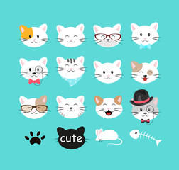 Cat faces with different emotions in a cartoon flat design