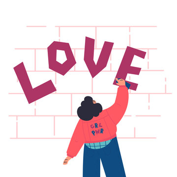 Happy confident woman in jeans jacket draws graffiti on the brick wall.Love lettering.Valentines Day.look from the back.Flat cartoon characters on white background.Colorful vector illustration