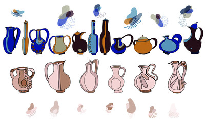 Fototapeta na wymiar Set of different jugs and decorative elements. Freehand drawing, sketch. Color illustration