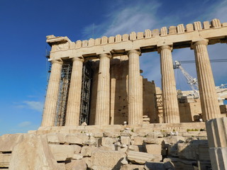 Fototapeta premium athens, greece classical, acropolis, greece, goddess, wall, sky, blue, white, ruin, greek, ionic, religion, archeology, culture, historic, landmark, famous, column, antique, marble, building, sculptur