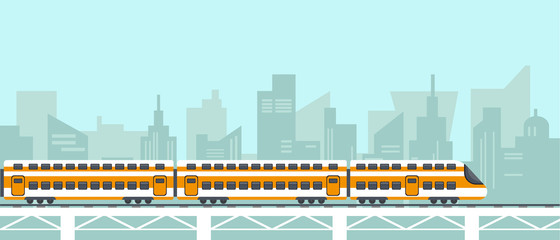 Passenger hight speed train on bridge in city.