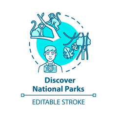 Discover national parks concept icon. Wildlife reserve visit, tourist activity idea thin line illustration. Natural landmark exploration. Vector isolated outline RGB color drawing. Editable stroke