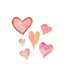 Watercolor illustration of pink hearts set. Hand-drawn with watercolors and is suitable for all types of design and printing.