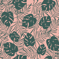 Pink tropical vector pattern with green leaves