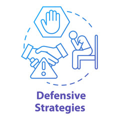 Defensive strategies concept icon. Policy coverage. Hardships in business. Dealing with conflict. Competition idea thin line illustration. Vector isolated outline RGB color drawing
