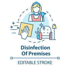 Disinfection of premises concept icon. Sanitation at home. Cleaning service. Hand wiping furniture. Housework idea thin line illustration. Vector isolated outline RGB color drawing. Editable stroke