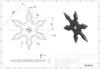 3d illustration of ninja shuriken star above technical engineering drawing © Ildar