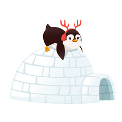 Cute penguin lies on Igloo arctic ice building cartoon animal design flat vector illustration on white background