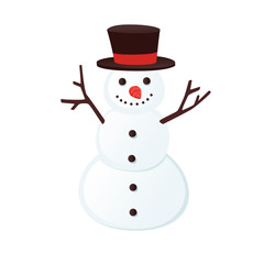 Happy snow man with black hat and smile flat vector illustration on white background