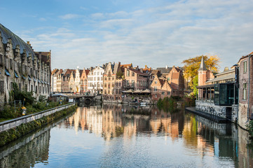 Vibrant street view of downtown Ghent, capital city of east Flanders province, Belgium along Leie...