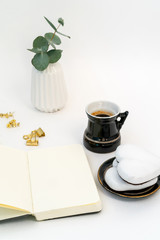 Valentine's Day composition. Female desktop with cup of coffee