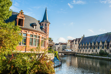 Vibrant street view of downtown Ghent, capital city of east Flanders province, Belgium along Leie river