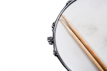 Silver Snare Drum with Sticks on White Background 