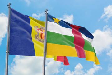 Central African Republic and Andorra flags waving in the wind against white cloudy blue sky together. Diplomacy concept, international relations.