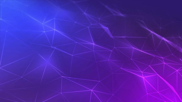 Bright glowing polygonal background in 4K. Triangular mesh backdrop. Low poly cyber blue and purple colored geometric texture. Blinking and glowing tech surface