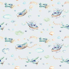 Watercolor set background illustration of a cute cartoon and fancy sky scene complete with airplanes, helicopters, plane and balloons, clouds. Boy seamless pattern. It's a baby shower design