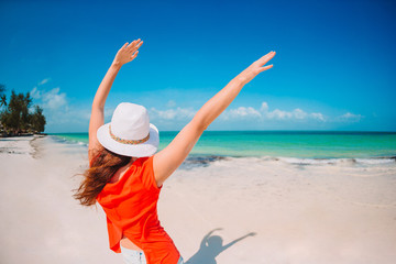 Back view of woman in hat on white beach