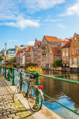 Vibrant street view of downtown Ghent, capital city of east Flanders province, Belgium along Leie...