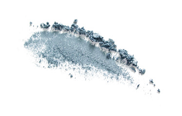 Eye shadow swatch isolated on white. Blue gray eyeshadow makeup smear smudge stroke. Pale muted color face powder product texture - obrazy, fototapety, plakaty
