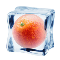 red blood orange in ice cube, isolated on white background, clipping path, full depth of field