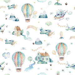 Tapeten Aquarell-Hintergrundillustration einer niedlichen Cartoon- und ausgefallenen Himmelsszene komplett mit Flugzeugen, Hubschraubern, Flugzeug und Ballons, Wolken. Junge nahtlose Muster. Es ist ein Babyparty-Design © kris_art