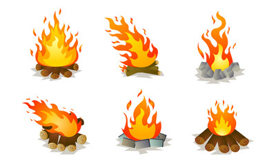 Set of red burning bonfire on nature vector illustration