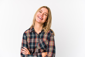 Obraz premium Young blonde caucasian woman isolated laughing and having fun.